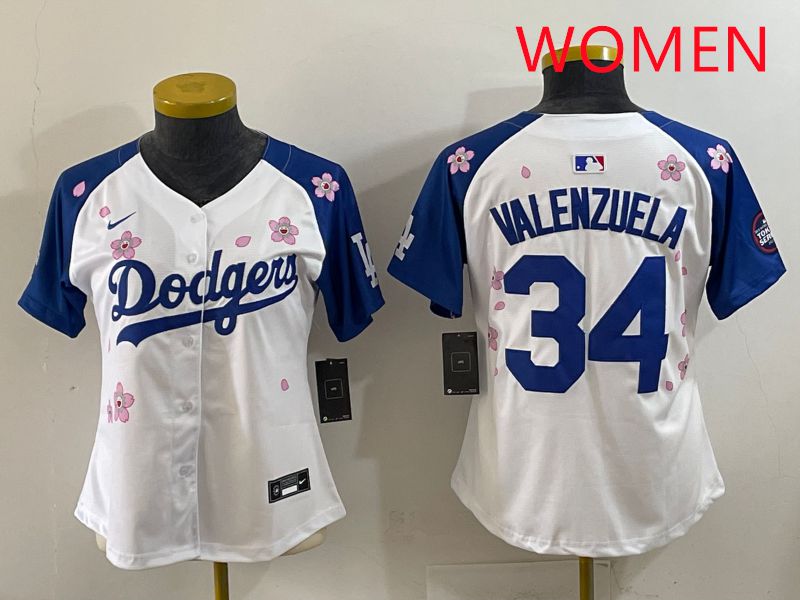 Women Los Angeles Dodgers 34 Valenzuela White Blue Sakura Edition 2025 Nike MLB Jersey style 31